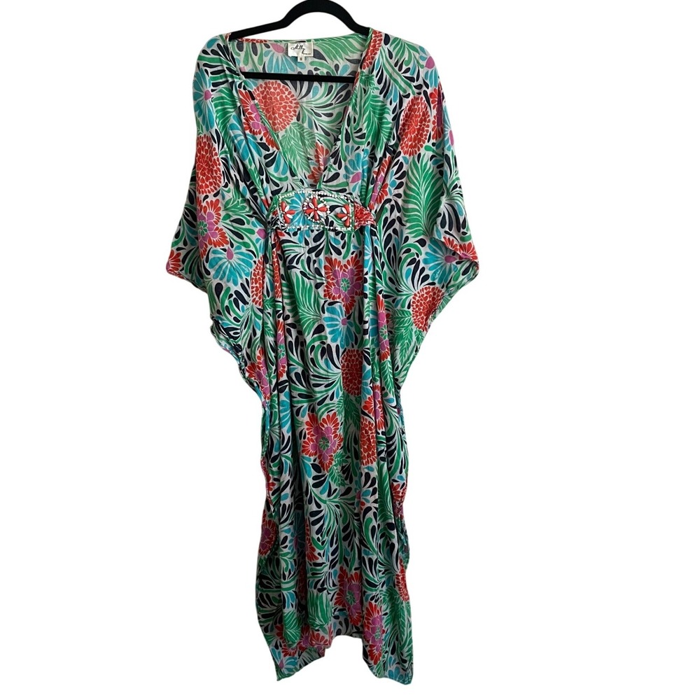 Milly New York Floral Kaftan Midi Dress Beaded Green P Blue 8 Resortwear Luxury - Picture 3 of 10